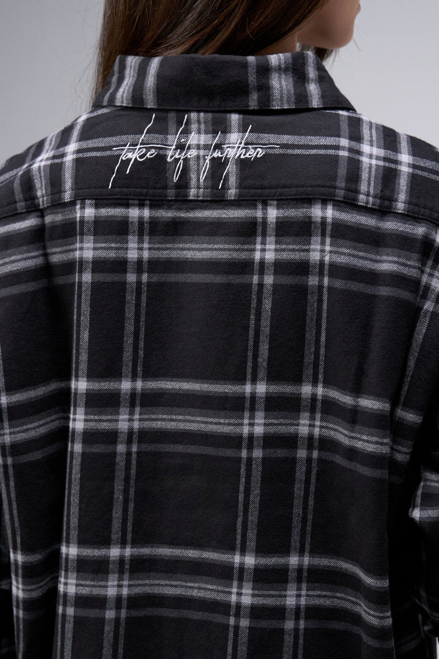 Back View of Unisex Soft Flannel Shacket Black Plaid