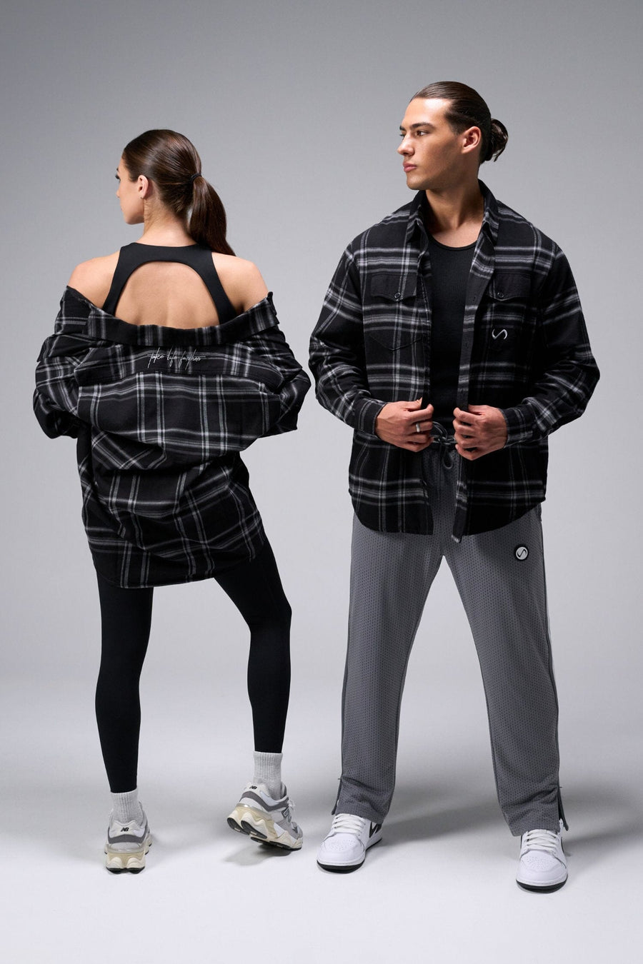 Front and Back View of Soft Flannel Shacket Unisex Black Plaid