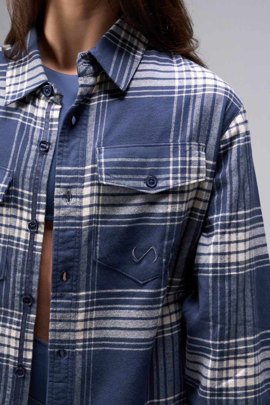 Front View of Unisex Soft Flannel Shacket Blue Plaid