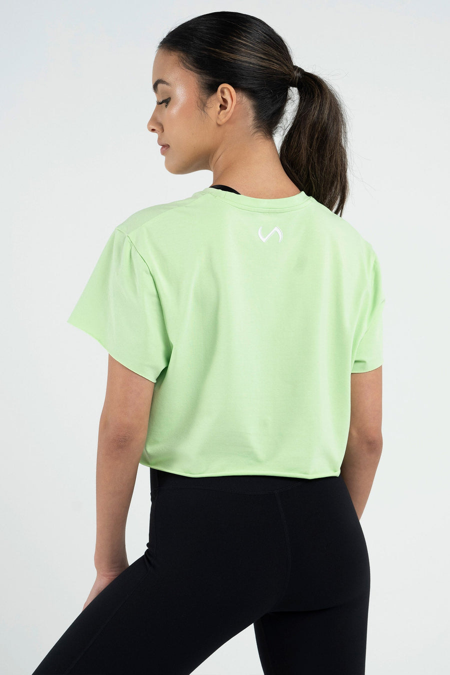 3-D Gym Crop Tee - Women's Workout Crop Tops - Neon Lime White - 2