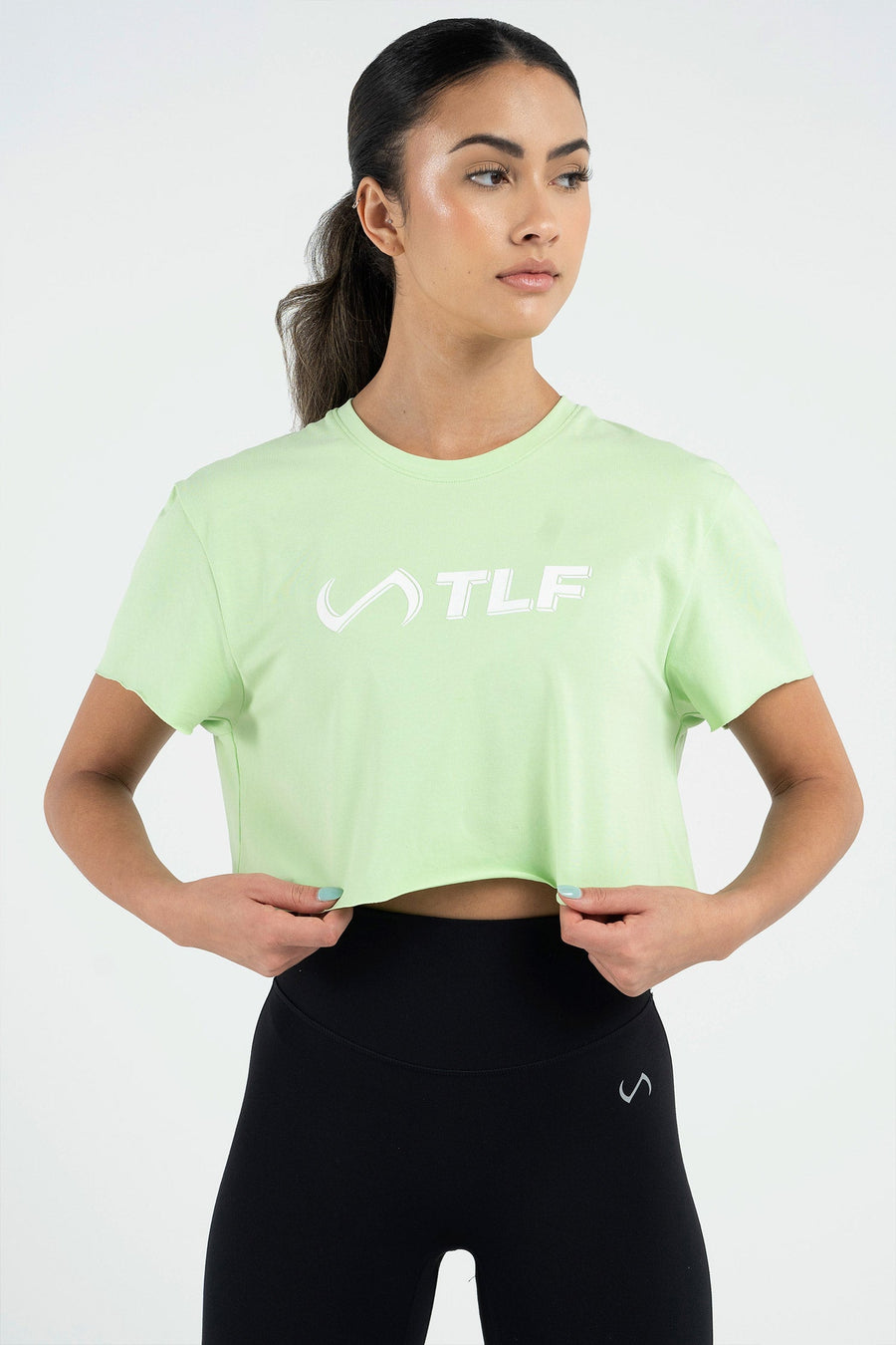 3-D Gym Crop Tee - Women's Workout Crop Tops - Neon Lime White - 1