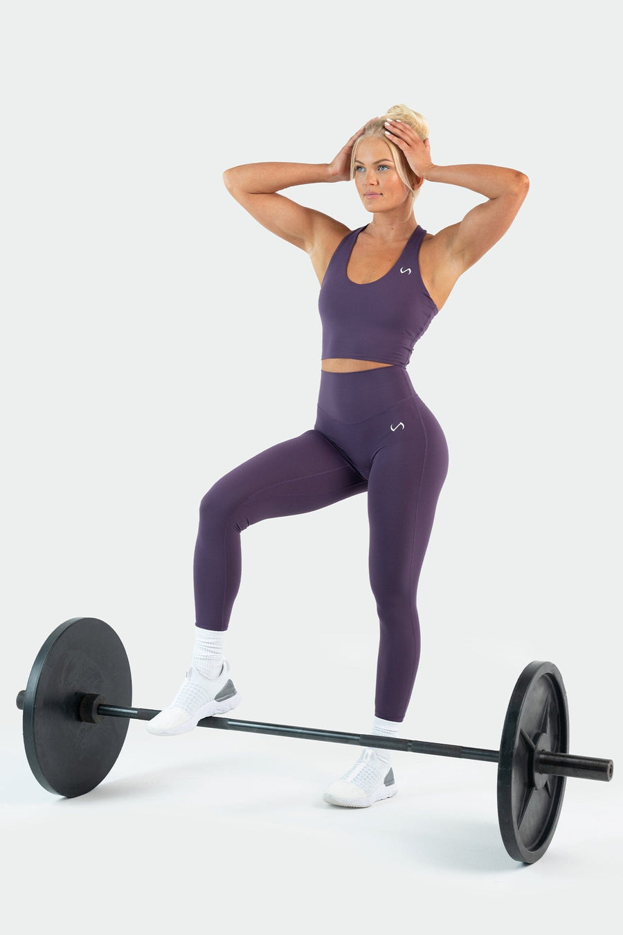 Full Model Image of Tempo High Waisted Workout Leggings Dark Grape