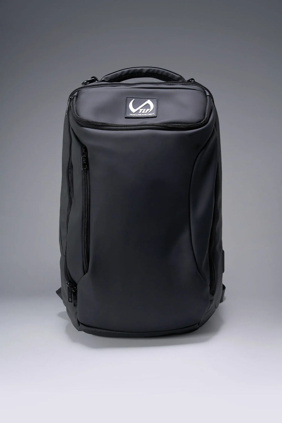 Black Apex Backpack with water-resistant matte PU exterior, dual compartments, and premium debossed straps by TLF Apparel – front view 
