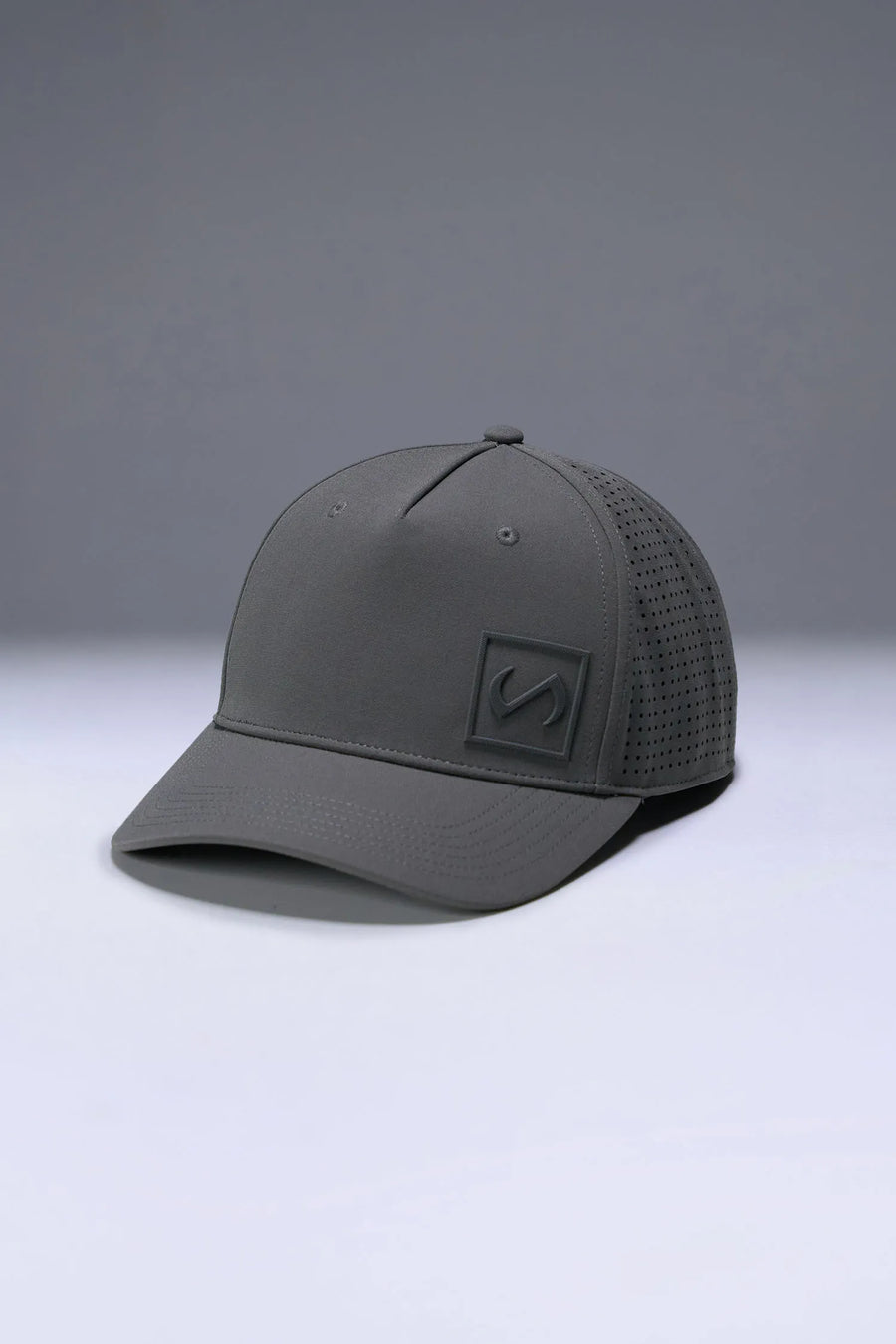 Gray Aero Core Performance Gym Hat with laser ventilation, water-repellent fabric and structured snapback fit by TLF Apparel – side view 