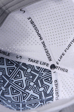 White Aero Core Performance Gym Hat with laser ventilation, water-repellent fabric and structured snapback fit by TLF Apparel – detail view 