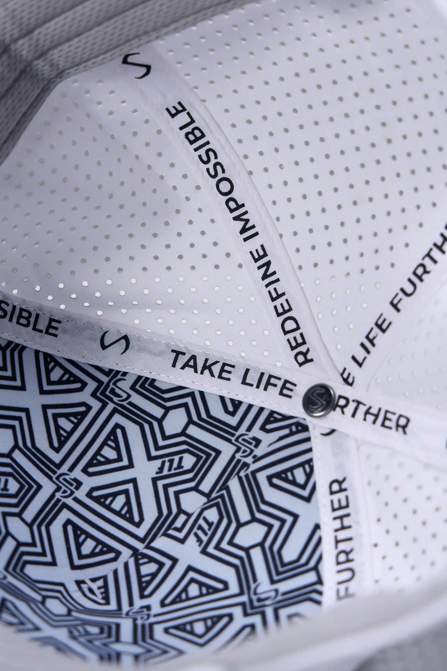 White Aero Core Performance Gym Hat with laser ventilation, water-repellent fabric and structured snapback fit by TLF Apparel – detail view 