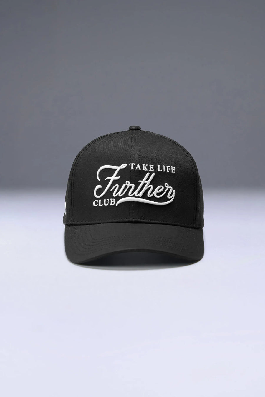 Black Classic Further Cotton Hat showing mid profile side silhouette and structured cotton twill fabric by TLF Apparel – front view