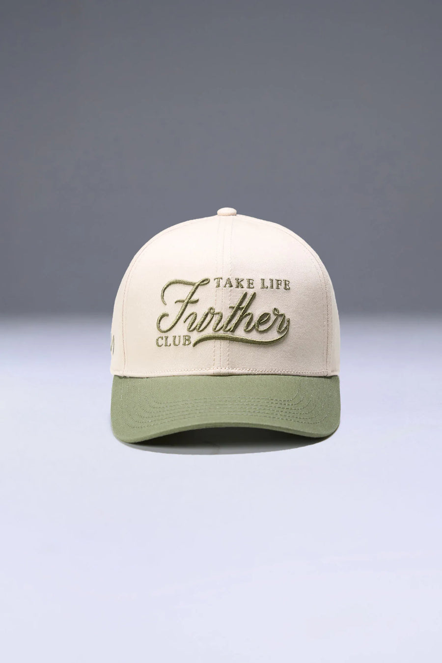Oat Milk/Sage Classic Further Cotton Hat showing mid profile side silhouette and structured cotton twill fabric by TLF Apparel – front view 