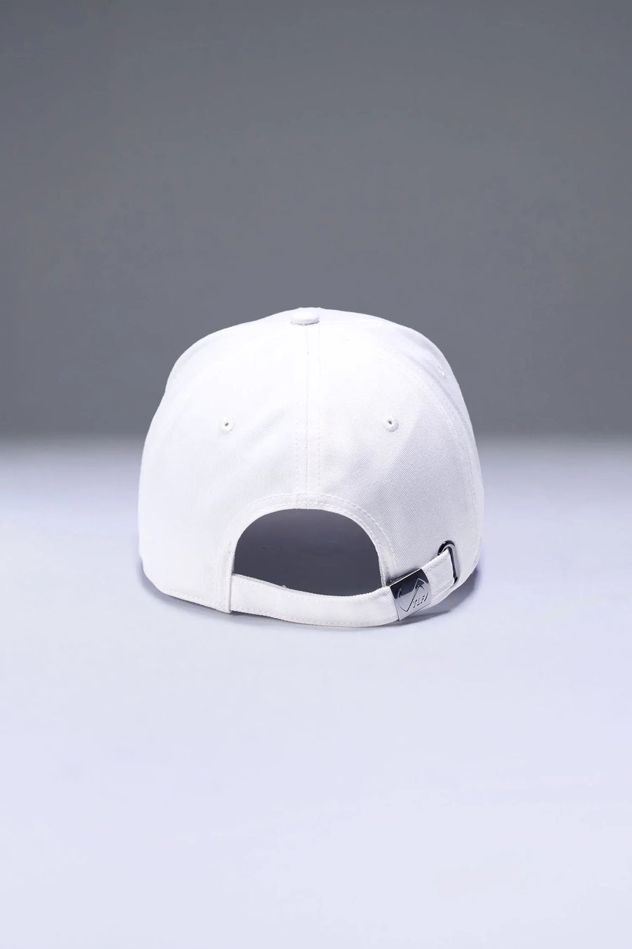 White Classic Further Cotton Hat with adjustable self strap metal buckle closure and classic 6-panel construction by TLF Apparel – back view 