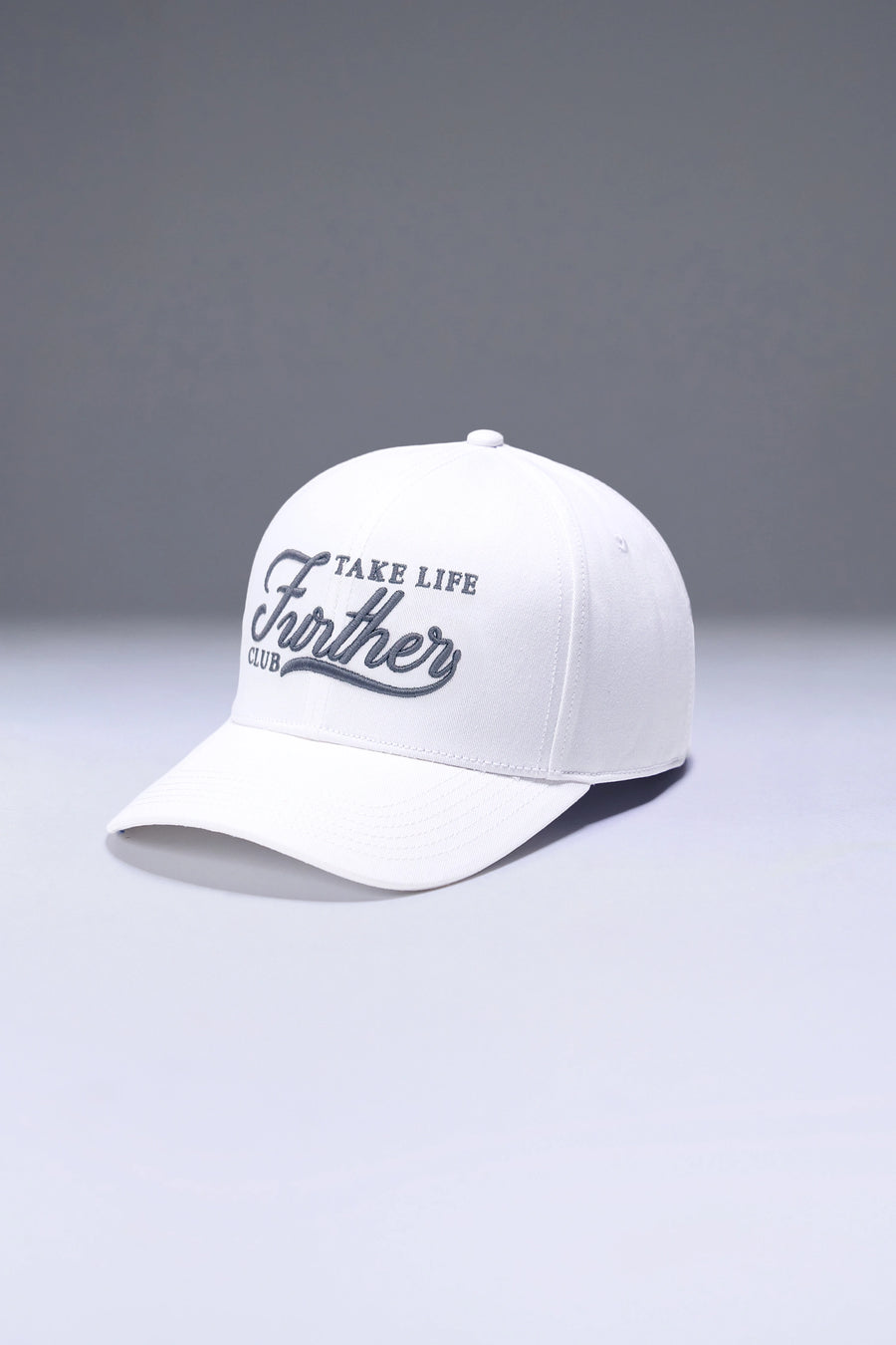 White Classic Further Cotton Hat showing curved brim profile and athletic fit for workouts and everyday wear by TLF Apparel – side view