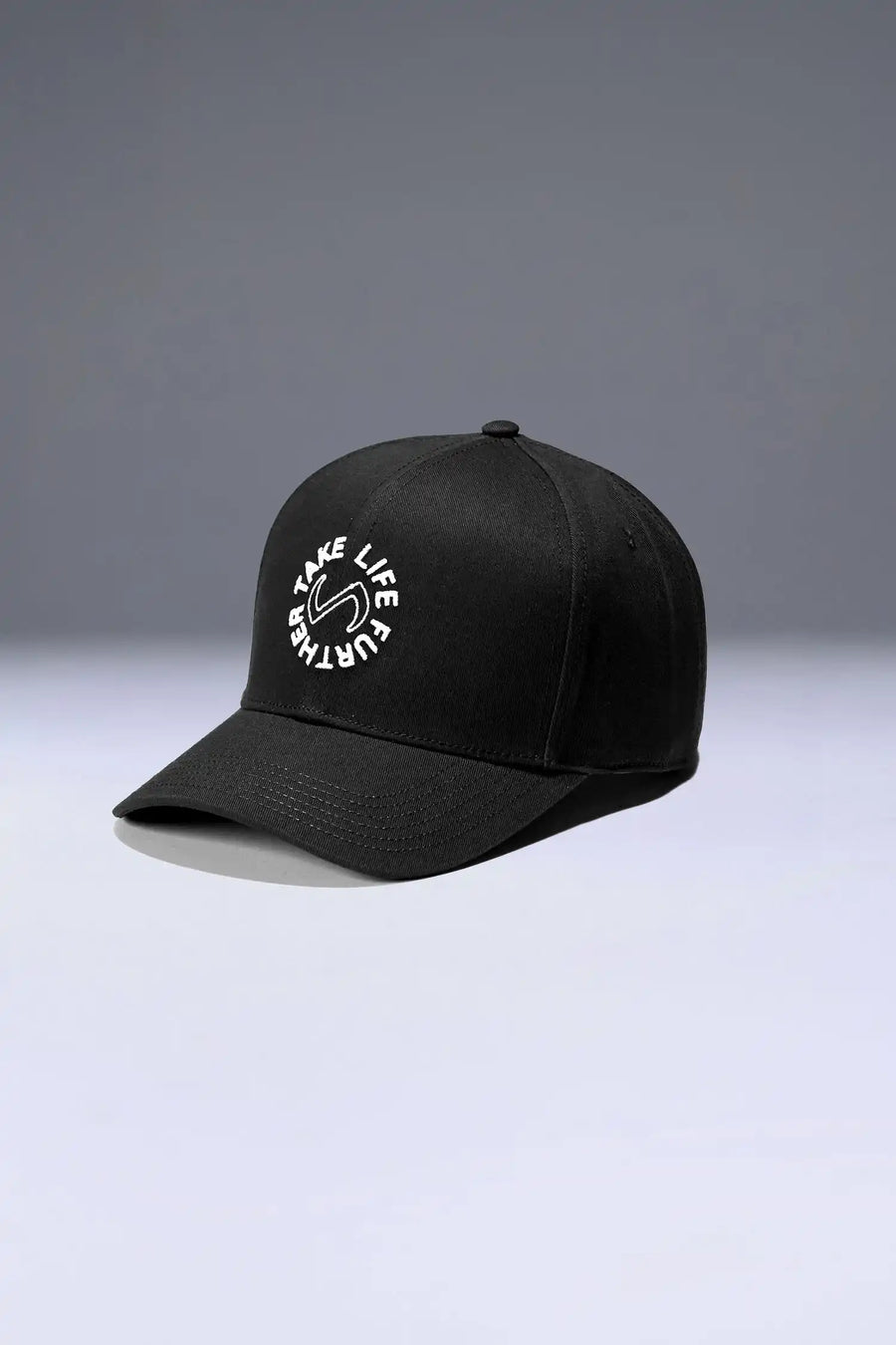 Black Classic Further Circle Hat with heavyweight cotton twill fabric and front center embroidery for workouts and everyday wear by TLF Apparel – front view 