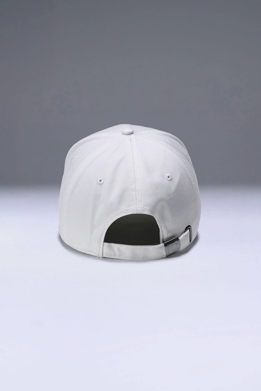 White Classic Further Circle Hat with adjustable self strap metal buckle closure and classic 6-panel construction by TLF Apparel – back view