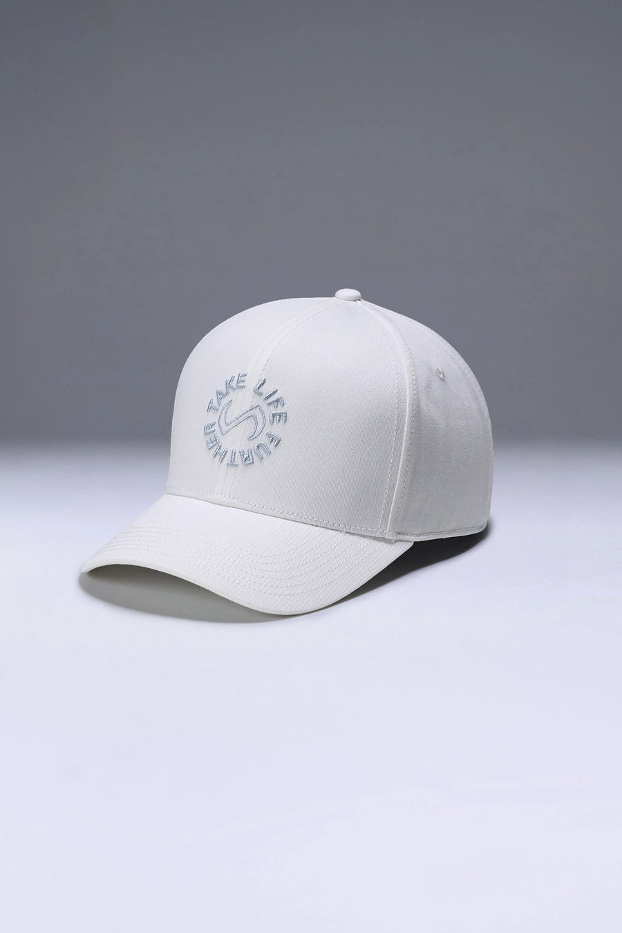 White Classic Further Circle Hat showing curved brim profile and athletic fit for workouts and everyday wear by TLF Apparel – side view 