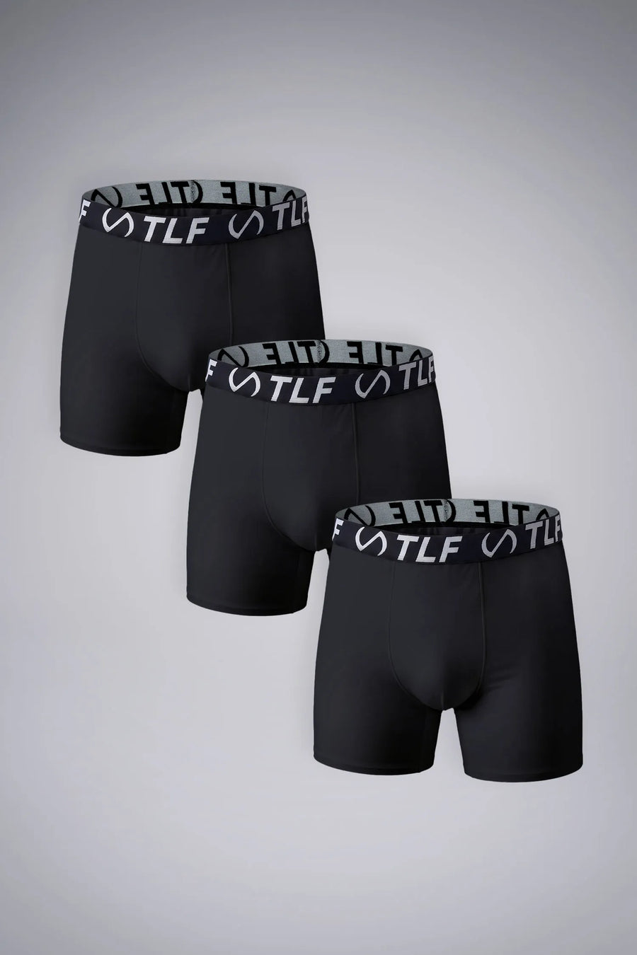 Black Mens Performance Boxer Brief with 6" inseam, moisture-wicking stretch fabric and engineered pouch support by TLF Apparel – front view 
