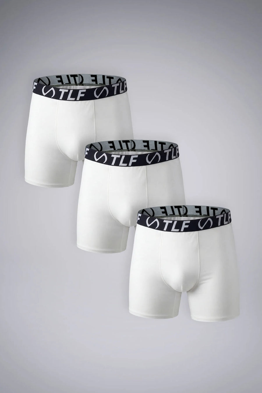 White Mens Performance Boxer Brief 3 Pack with 6" inseam, moisture-wicking stretch fabric and engineered pouch support by TLF Apparel – front view 