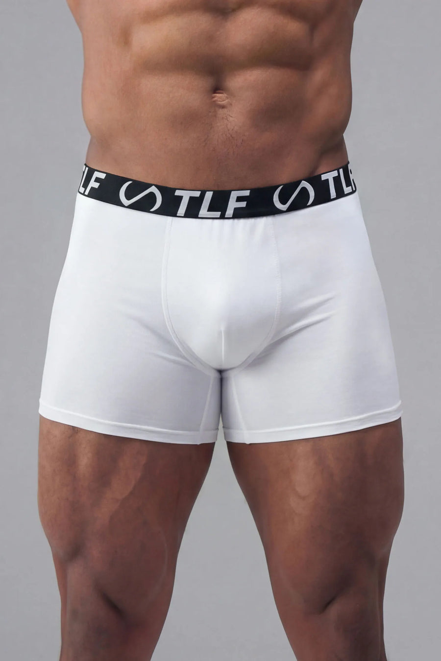 White Mens Performance Boxer Brief with 6" inseam, moisture-wicking stretch fabric and engineered pouch support by TLF Apparel – front view 