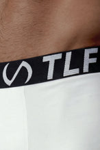 White Mens Performance Boxer Brief with 6 inch inseam and lightweight workout underwear design by TLF Apparel – side view_x000B_ 