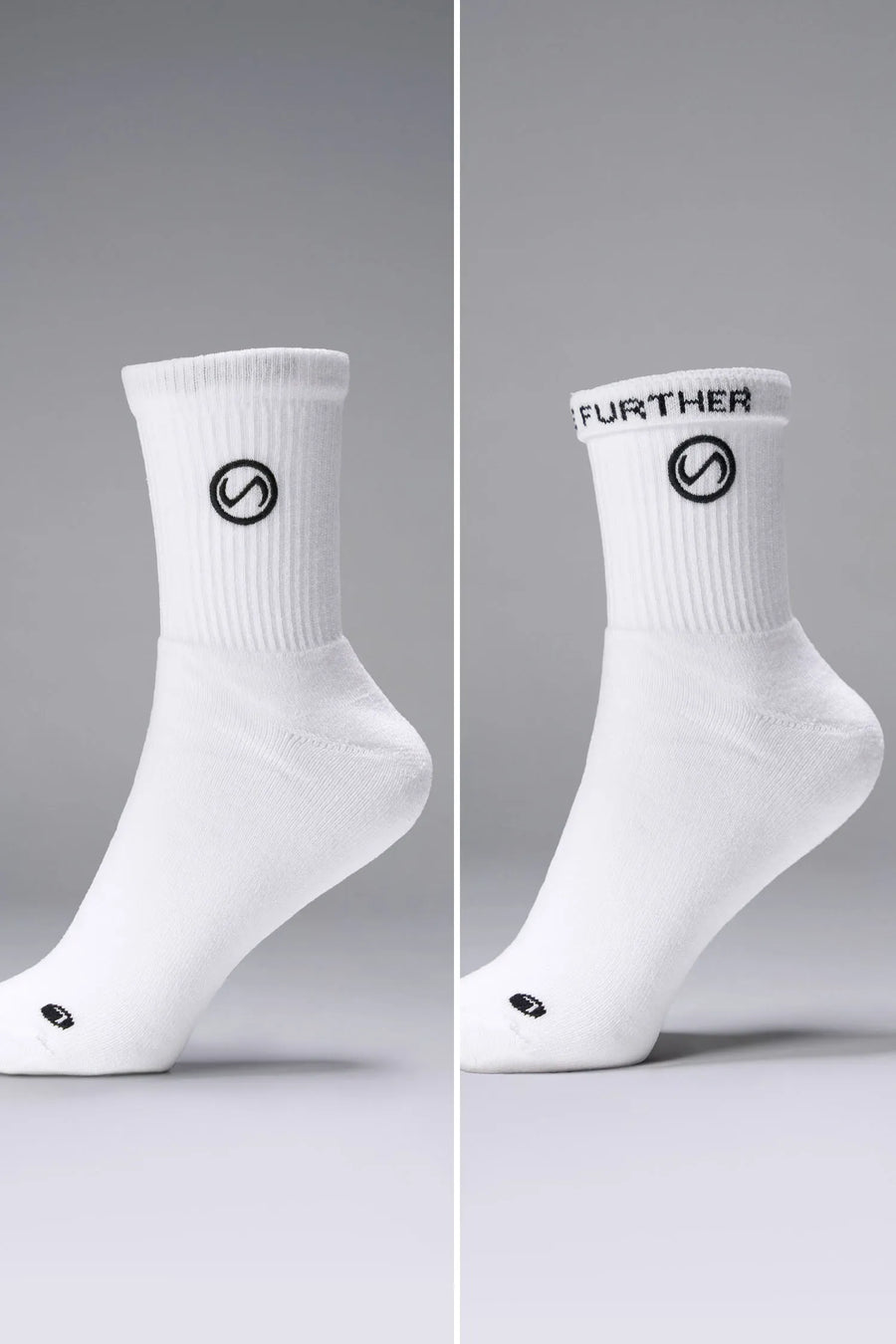 Both Side Views of White the TLF Evolve Half Crew Socks featuring an extended cuff height, ribbed cuff, cushioned footbed and seamless toe