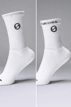 Side View of White the TLF Evolve Crew Socks featuring an extended cuff height, ribbed cuff, cushioned footbed and seamless toe