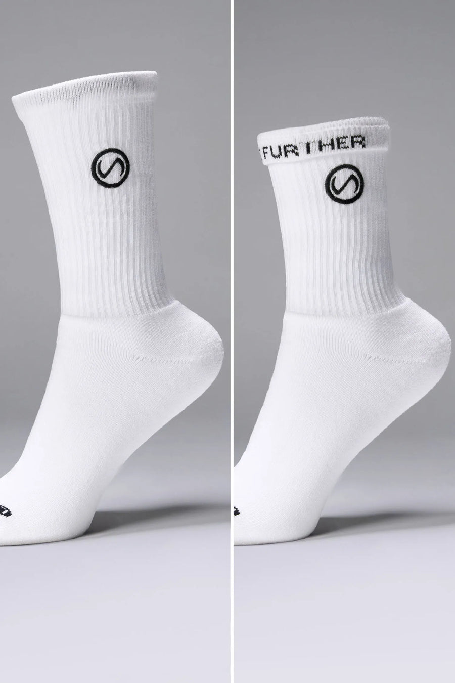 Side View of White the TLF Evolve Crew Socks featuring an extended cuff height, ribbed cuff, cushioned footbed and seamless toe