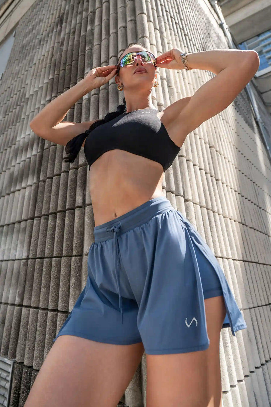 Front View of the Blue the TLF Element Infi Dry Shorts With Liner featuring built in shorts with pockets and high side slit for mobility
