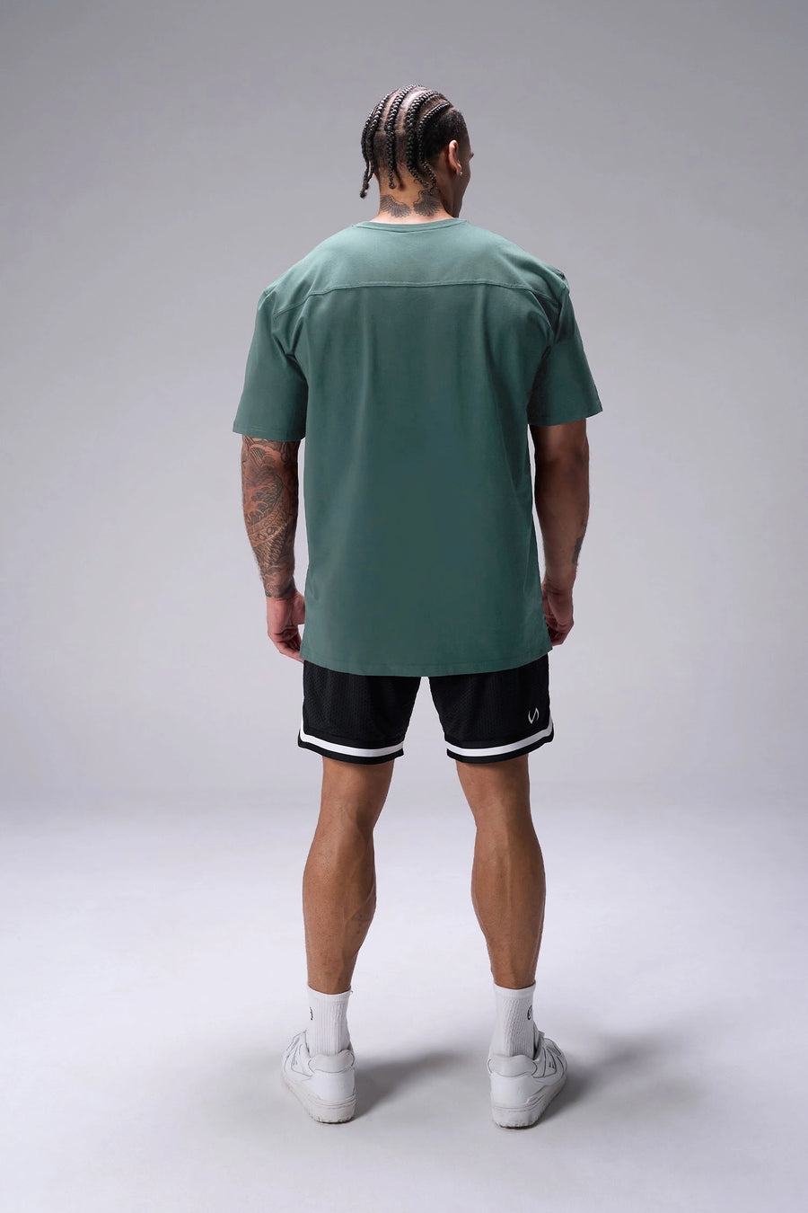 Green Classic Script Cotton Luxe Oversized Tee showing back yoke detail and rear right script logo by TLF Apparel – back view 