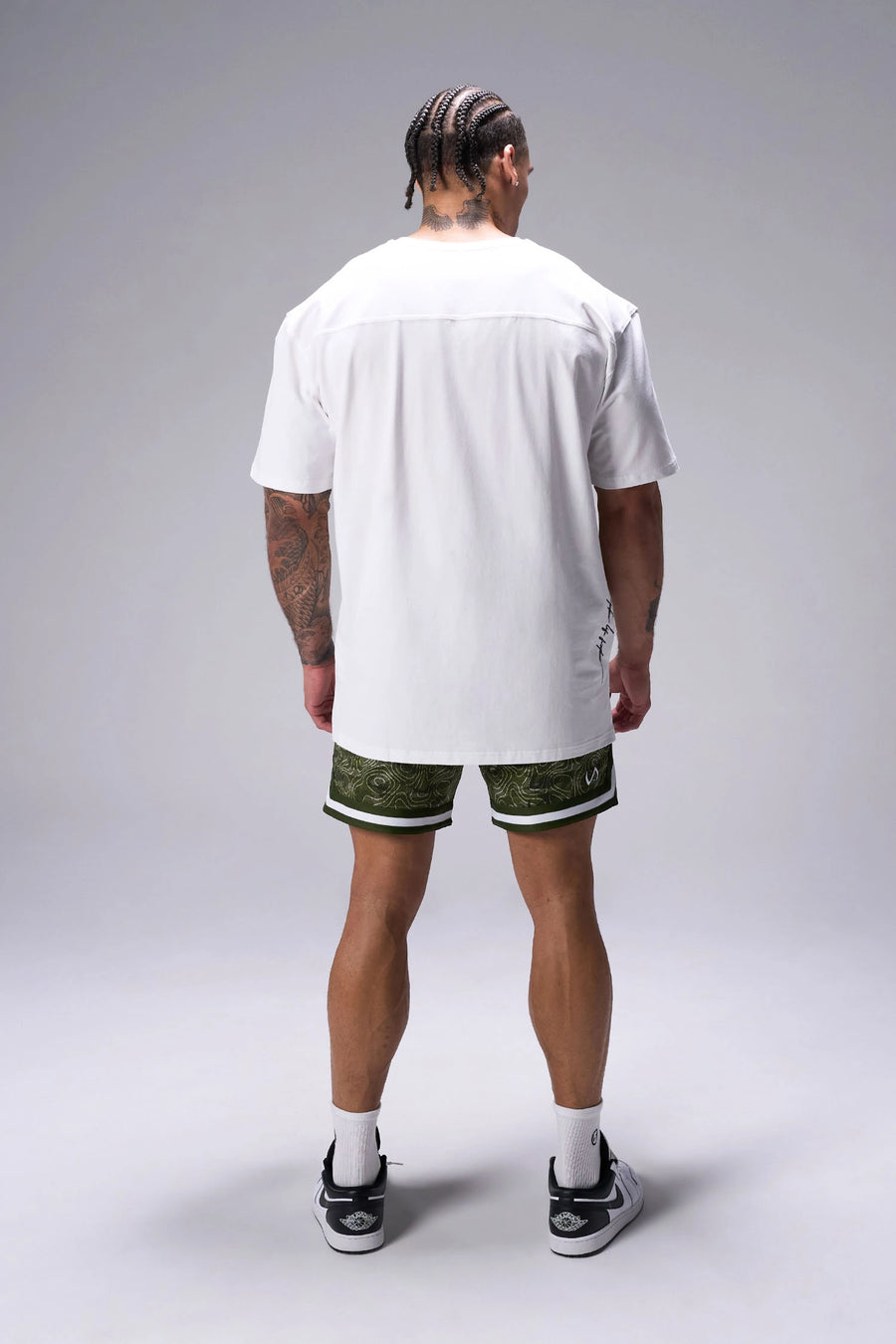 White Classic Script Cotton Luxe Oversized Tee showing back yoke detail and rear right script logo by TLF Apparel – back view