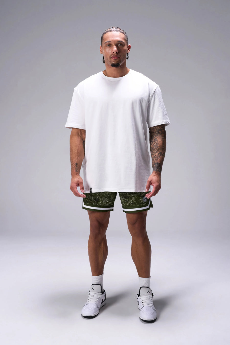 White Classic Script Cotton Luxe Oversized Tee with Take Life Further rear right script logo by TLF Apparel – front view
