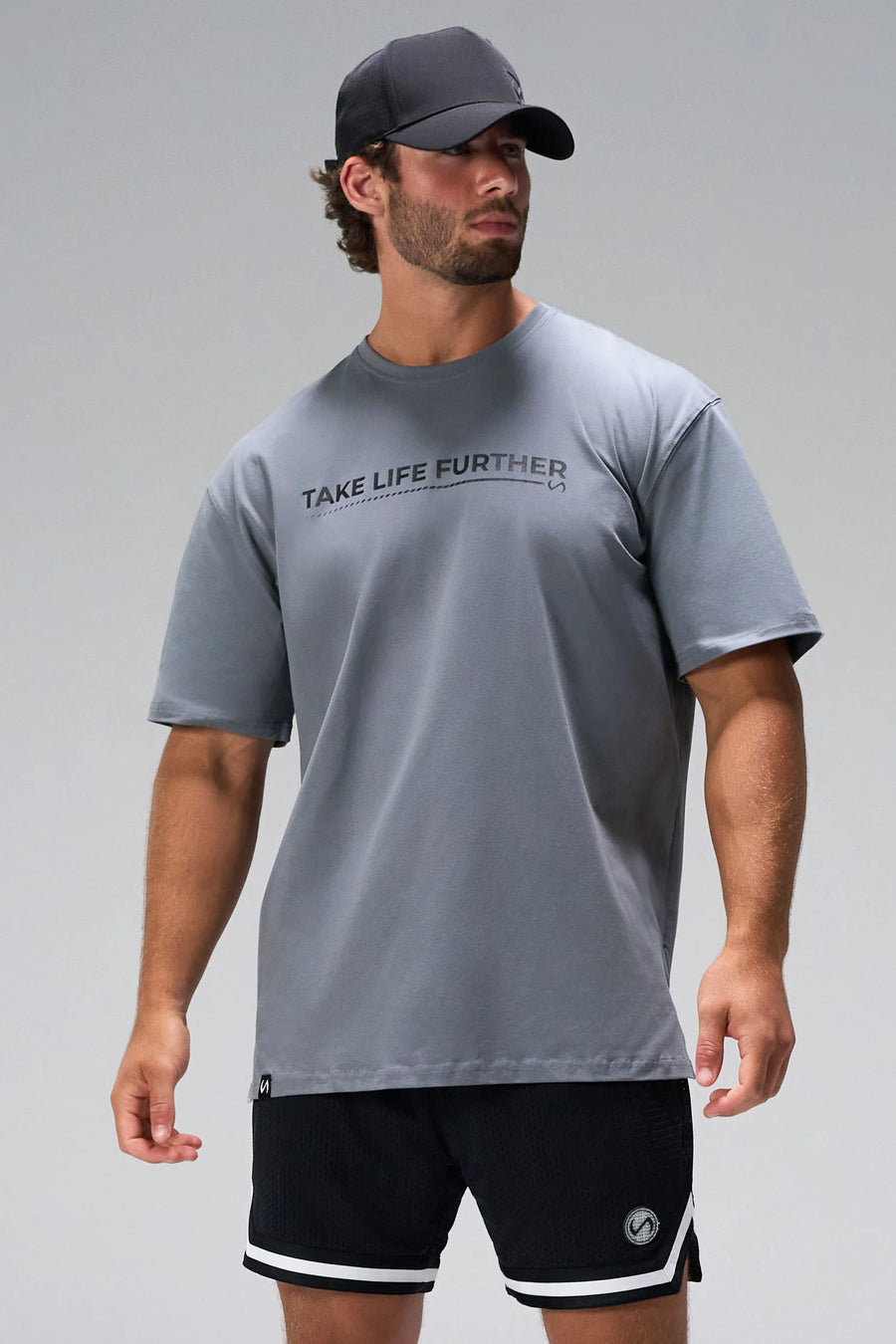 Gray Take Life Further Oversized Tee with minimal chest graphic and oversized fit by TLF Apparel – front view