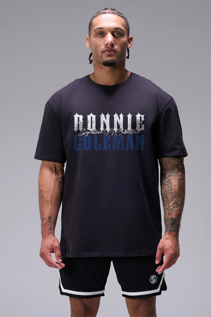Black Ronnie Coleman “signature” Tee showing Ronnie Coleman x TLF chest logo and ultra-soft Cotton Luxe DNA™ fabric by TLF Apparel – front detail view
