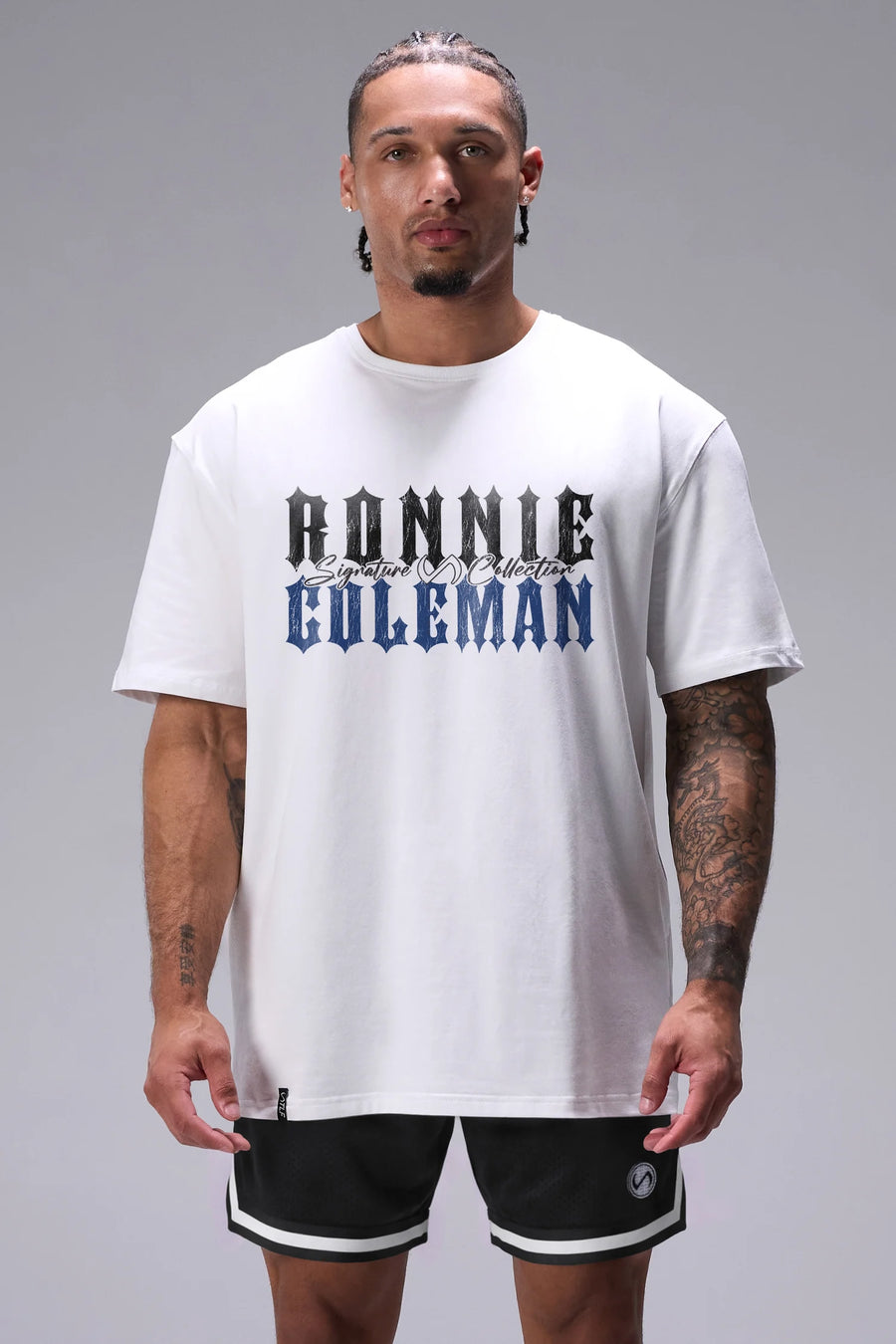 White Ronnie Coleman “signature” Tee oversized bodybuilding graphic shirt featuring iconic Ronnie Coleman legacy artwork by TLF Apparel – front view