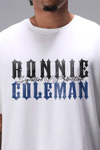 White Ronnie Coleman “signature” Tee showing Ronnie Coleman x TLF chest logo and ultra-soft Cotton Luxe DNA™ fabric by TLF Apparel – front detail view