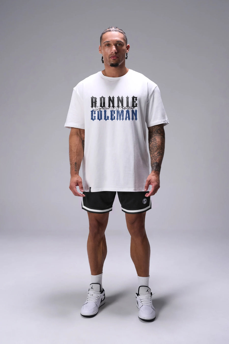 White Ronnie Coleman “signature” Tee showing Ronnie Coleman x TLF chest logo and ultra-soft Cotton Luxe DNA™ fabric by TLF Apparel – front detail view