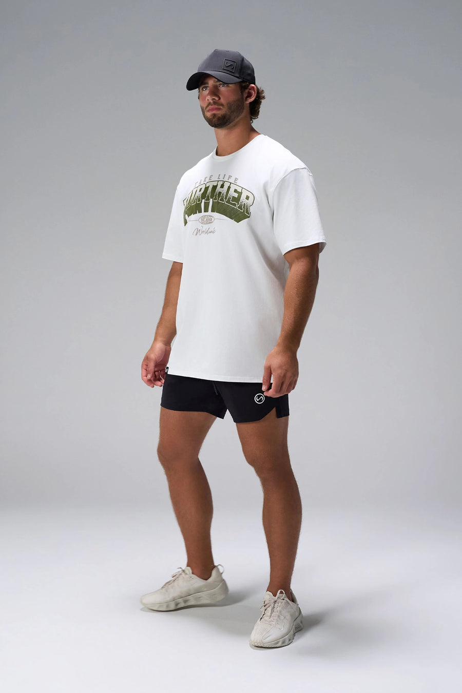 White Take Life Further Oversized Tee showing relaxed oversized fit in 93% cotton 7% elastane by TLF Apparel – side view
