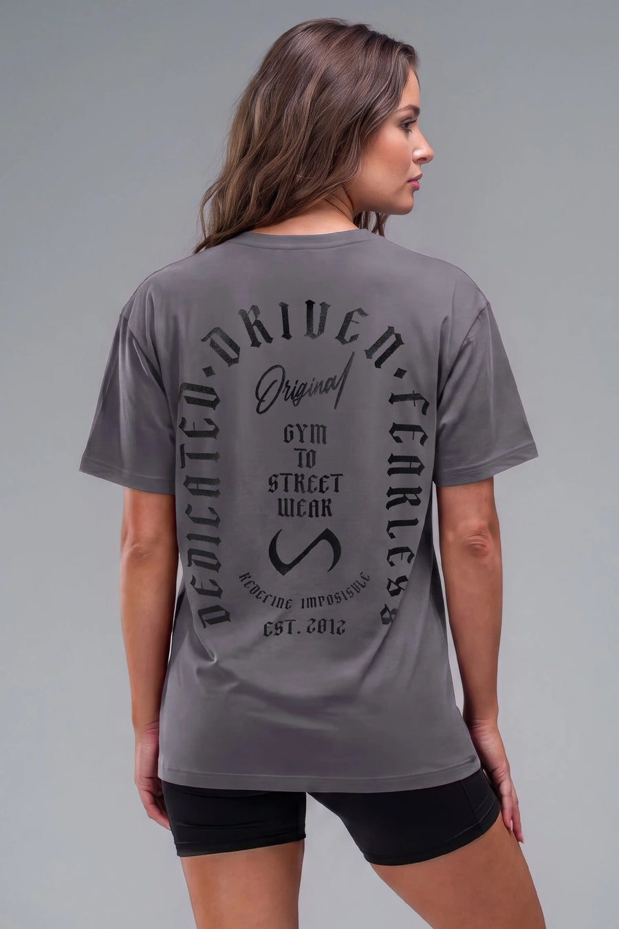 Back View of Gray TLF 3 Strengths Swole Tee, featuring a custom graphic print design in our swole fit for all day wear