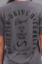 Back Detail View of Gray TLF 3 Strengths Swole Tee, featuring a custom graphic print design in our swole fit for all day wear