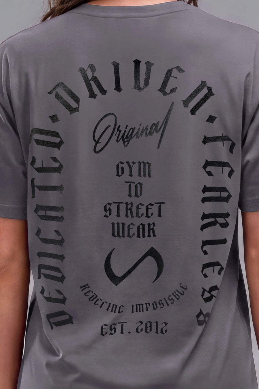 Back Detail View of Gray TLF 3 Strengths Swole Tee, featuring a custom graphic print design in our swole fit for all day wear