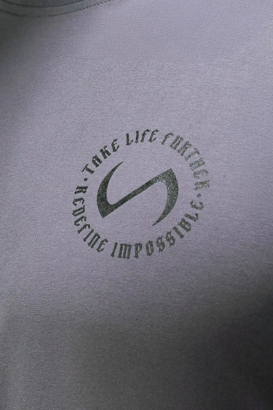 Front Detail View of Gray TLF 3 Strengths Swole Tee, featuring a custom graphic print design in our swole fit for all day wear