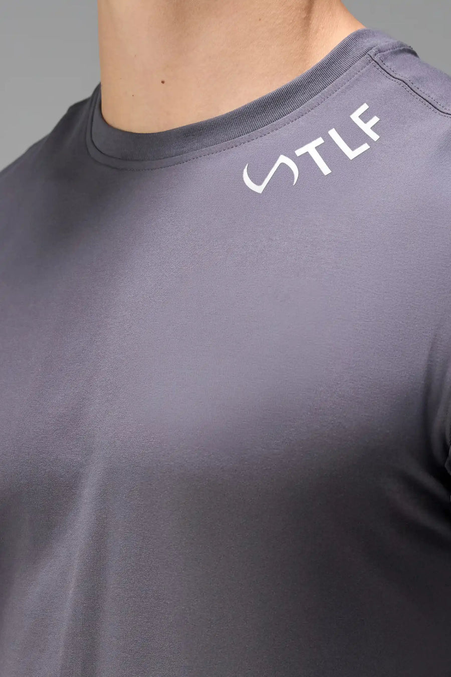Front Detail View Of TLF Swole Tee in Blackened Pearl Color