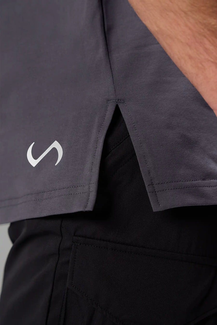 Side Detail View Of TLF Swole Tee in Blackened Pearl Color