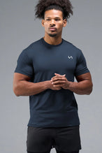 Front View of Blue TLF Infi-Dry Swole Tee, crafted with our custom swole fit and utilizing our infi-dry fabric technology