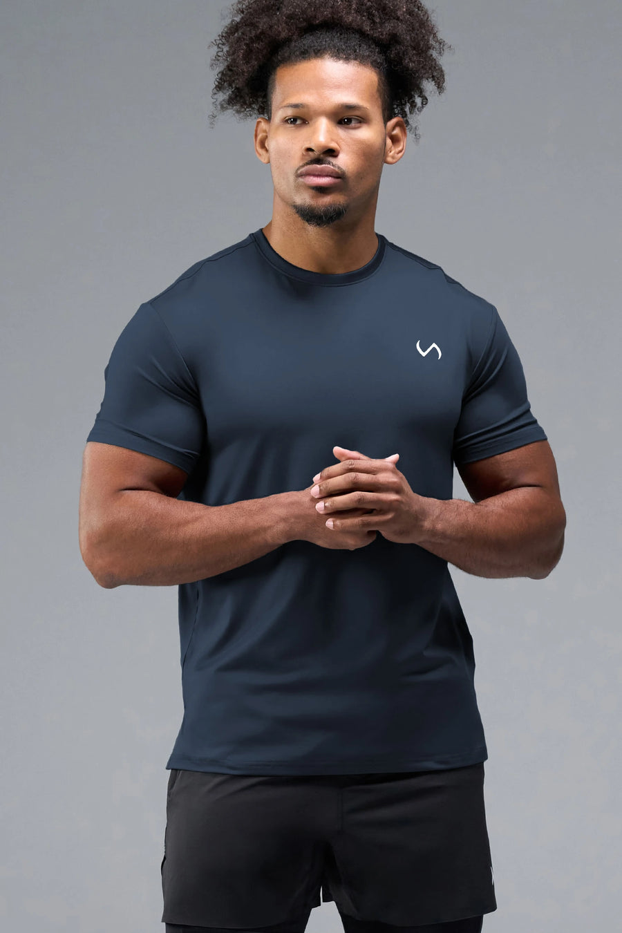 Front View of Blue TLF Infi-Dry Swole Tee, crafted with our custom swole fit and utilizing our infi-dry fabric technology