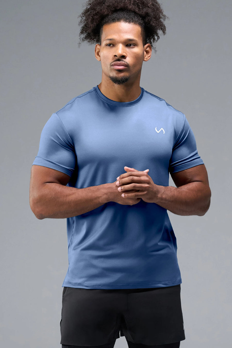 Front View of Blue TLF Infi-Dry Swole Tee, crafted with our custom swole fit and utilizing our infi-dry fabric technology 