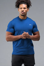 Front View of Blue TLF Infi-Dry Swole Tee, crafted with our custom swole fit and utilizing our infi-dry fabric technology