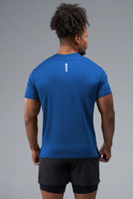 Side View of Blue TLF Infi-Dry Swole Tee, crafted with our custom swole fit and utilizing our infi-dry fabric technology 