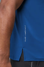Detail View of Blue TLF Infi-Dry Swole Tee, crafted with our custom swole fit and utilizing our infi-dry fabric technology 