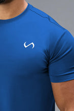 Front Detail View of Blue TLF Infi-Dry Swole Tee, crafted with our custom swole fit and utilizing our infi-dry fabric technology 