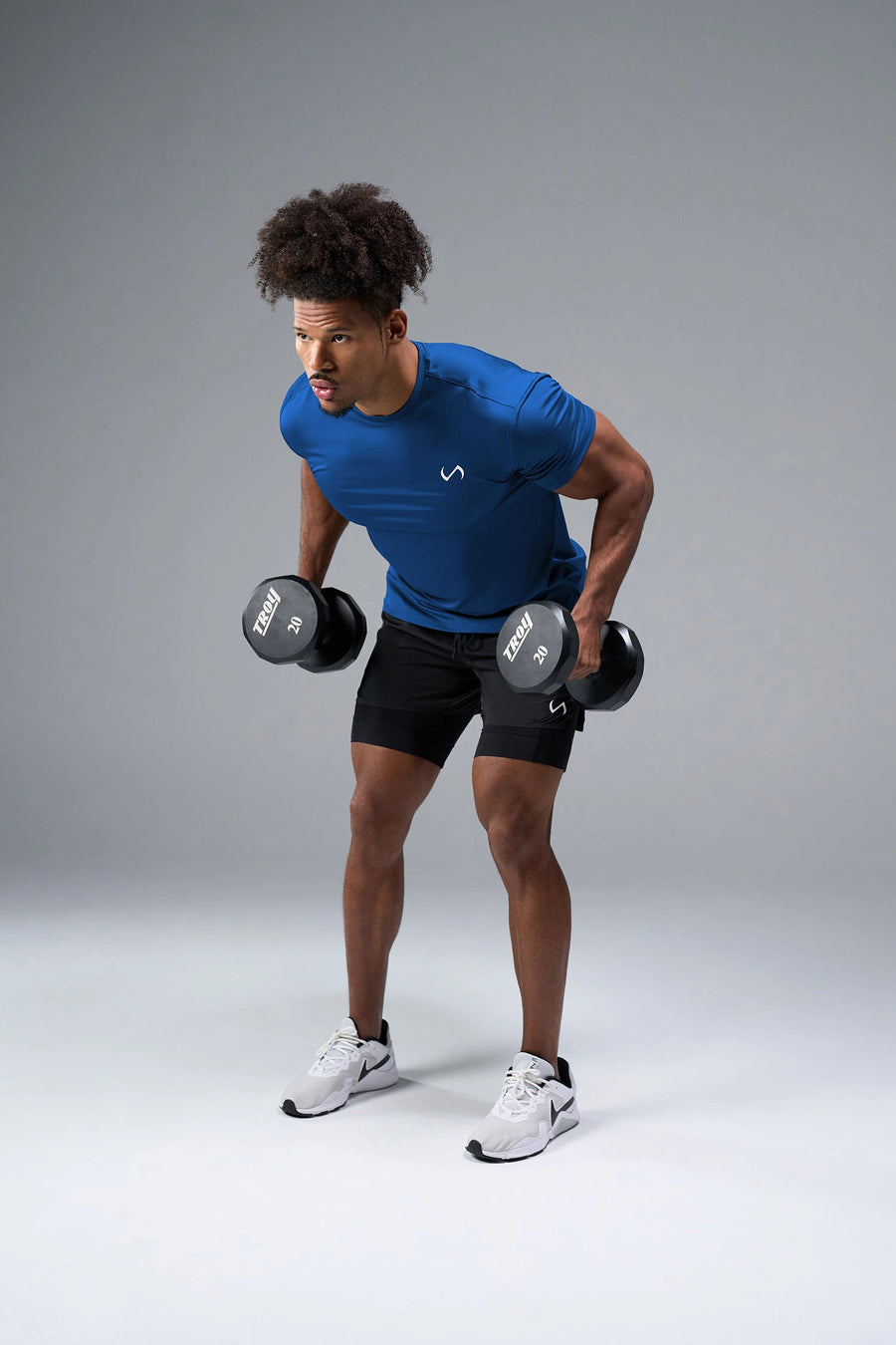 Side View of Blue TLF Infi-Dry Swole Tee, crafted with our custom swole fit and utilizing our infi-dry fabric technology