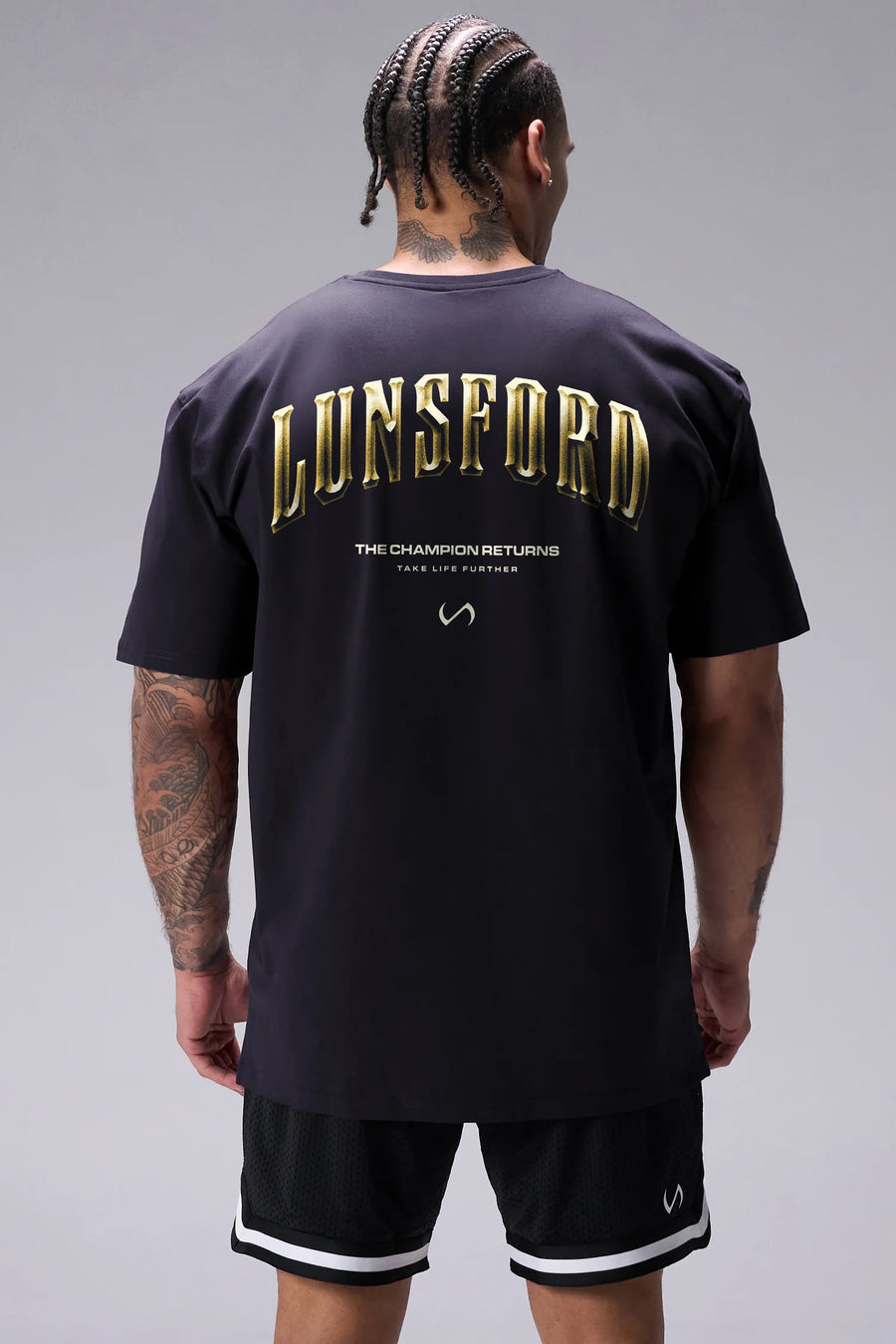 Black Derek Lunsford x TLF Cotton Luxe Oversized Tee showing Take Life Further back graphic and oversized fit by TLF Apparel – back view