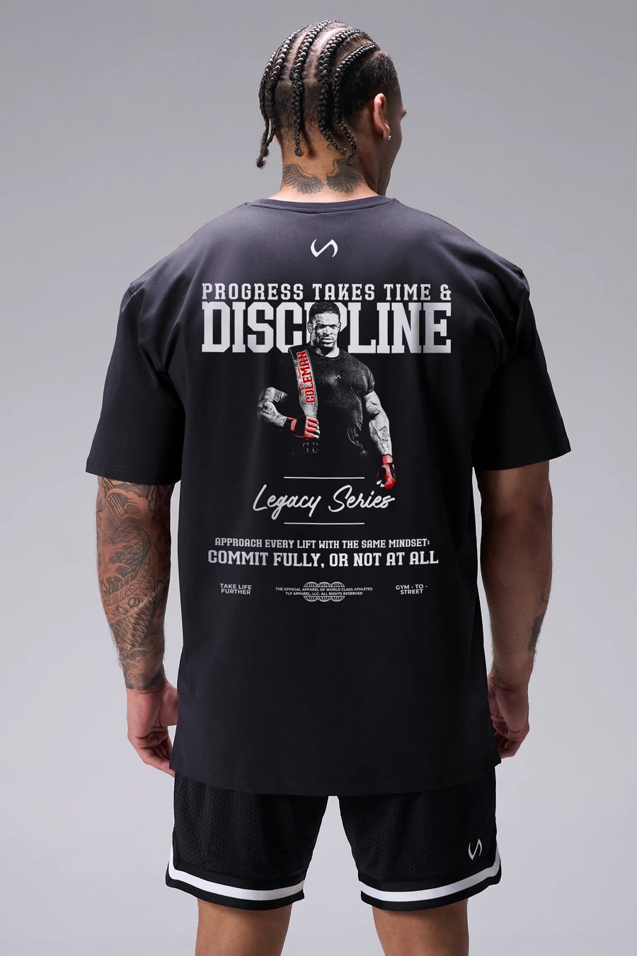 Black Ronnie Coleman “discipline” Tee oversized bodybuilding graphic shirt featuring iconic Ronnie Coleman legacy artwork by TLF Apparel – back view